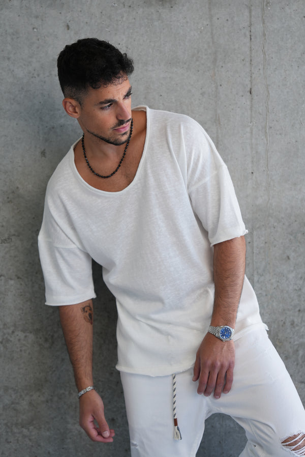 חולצת פשתן עבה צווארון פתוח